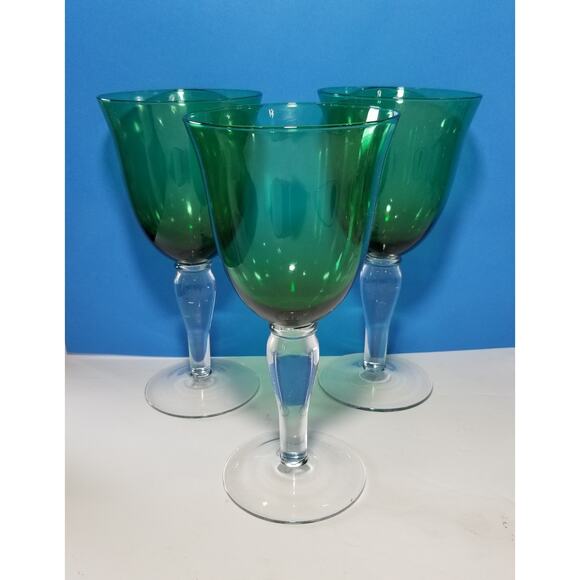 Three Art Land green glass goblets flared rim 7 3/4"  3.1476 - Picture 1 of 11